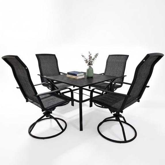Decksplore 5-Piece Patio Dining Set, Square Metal Table & 4 Grey Textilene 360° Swivel Rocker Chairs for Backyard