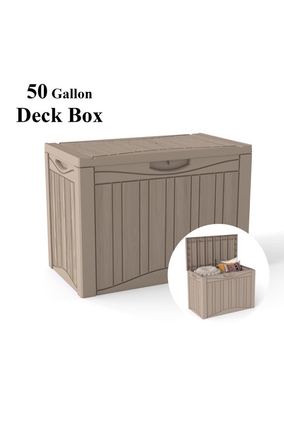 50 Gallon Deck Box, UV-Resistant, HDPE Outdoor Storage Bench with Secure Latches, Patio Storage Bench for Cushions, Trimmers (Coffee)