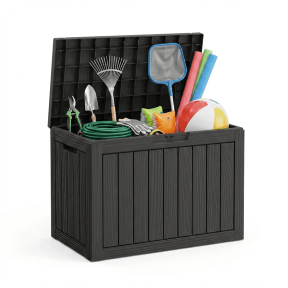 Decksplore 50 Gallon Lockable Resin Deck Box, Waterproof & UV-Resistant Outdoor Storage Toy Box for Garden Tools and Outdoor Cushion Storage, Black