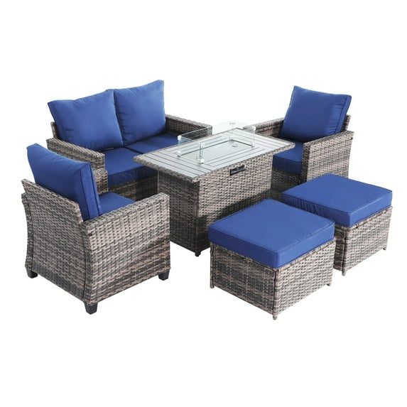 Decksplore 6 Piece Outdoor Patio Furniture Set with Gas Fire Pit Table, PE Wicker Rattan Sectional Sofa w/43in Propane Fire Pit, 55,000 BTU Auto-Ignition Firepit w/Glass Wind Guard Blue