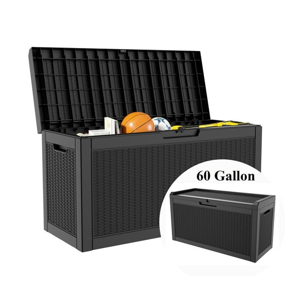 Decksplore 60 Gal Deck Box, Lockable, UV-Resistant, HDPE Outdoor Storage Box Waterproof, Patio Storage Bench for Beach Cushions, Beach Toys (Black)