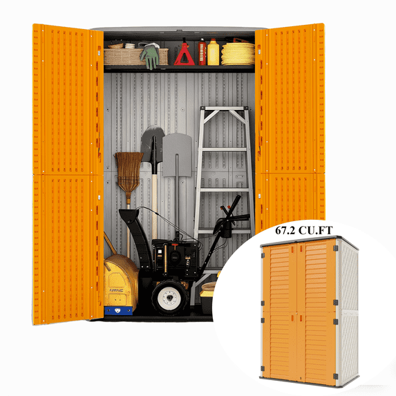 Decksplore 67.2 CU.FT Double-Layer Storage Cabinet, HDPE Horizontal Outdoor Storage Cabinet with Latch, Storage Shed for Garage, Pool (Yellow White)