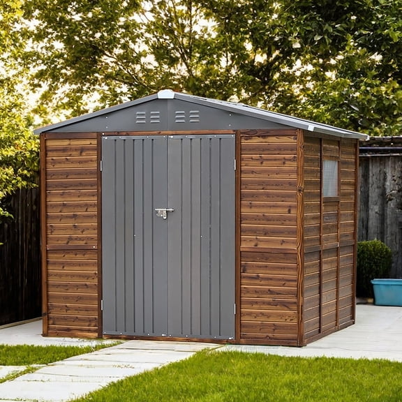 Decksplore 6x8ft Outdoor Storage Shed, Iron-Wood Tool Shed w/ Windows & Vents, Brown