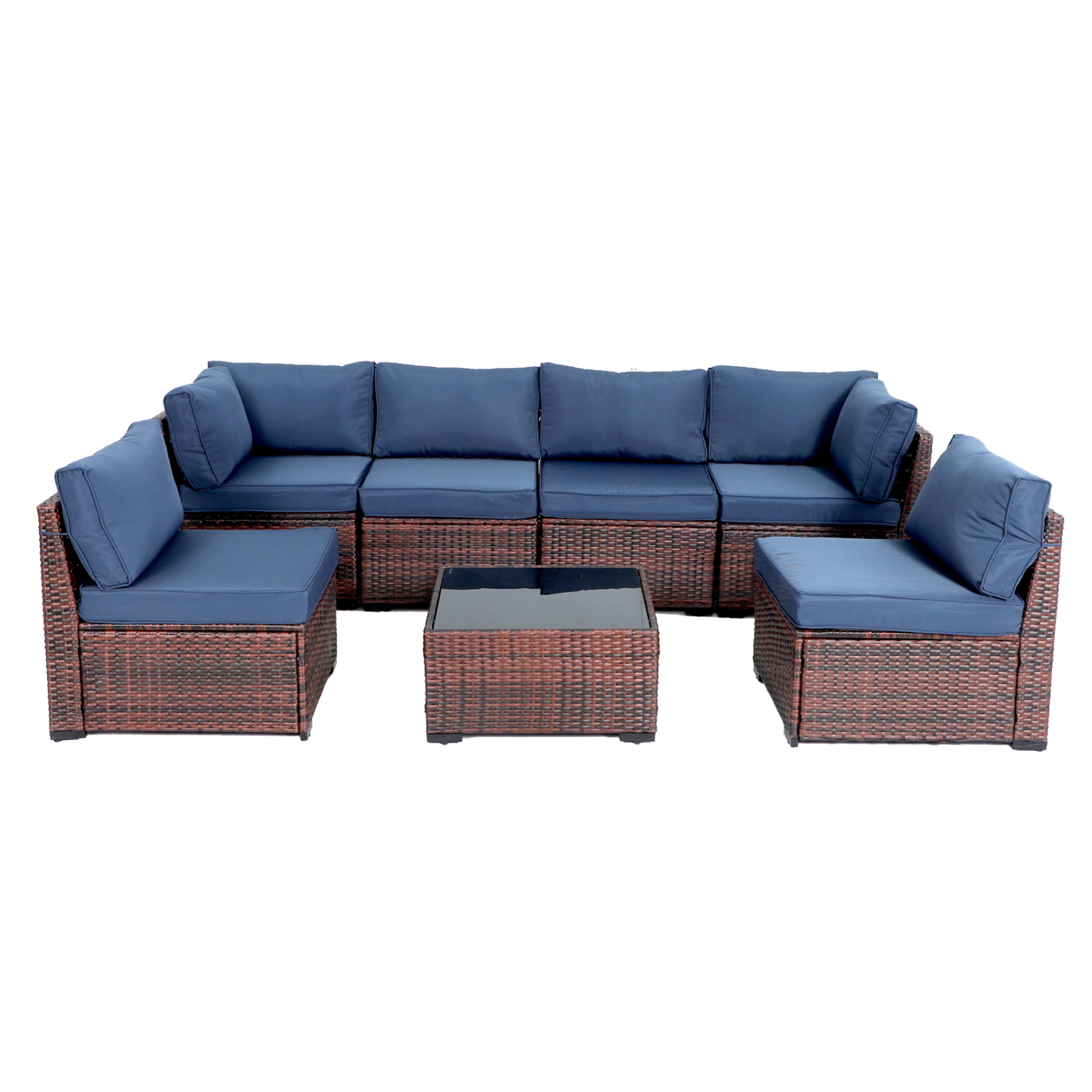 Navy Blue Cushioned 7-Piece Wicker Outdoor Sectional Sofa Set