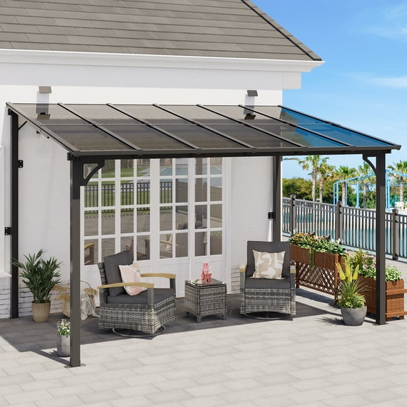 Decksplore 8'x12' Wall Mounted Lean-to Gazebo, Sloped Roof Metal Pergola, Black