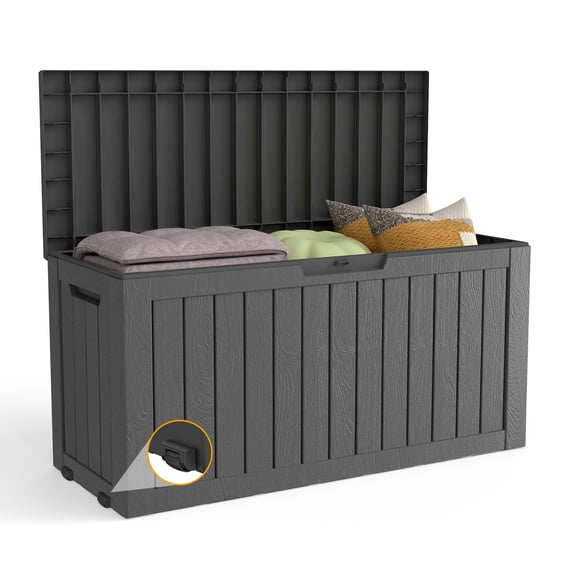 Decksplore 90 Gallon Outdoor Storage Box, Lockable, UV-Resistant, HDPE Waterproof Deck Box, Outdoor Storage Bench for Cushions, Garden Tools (Black)