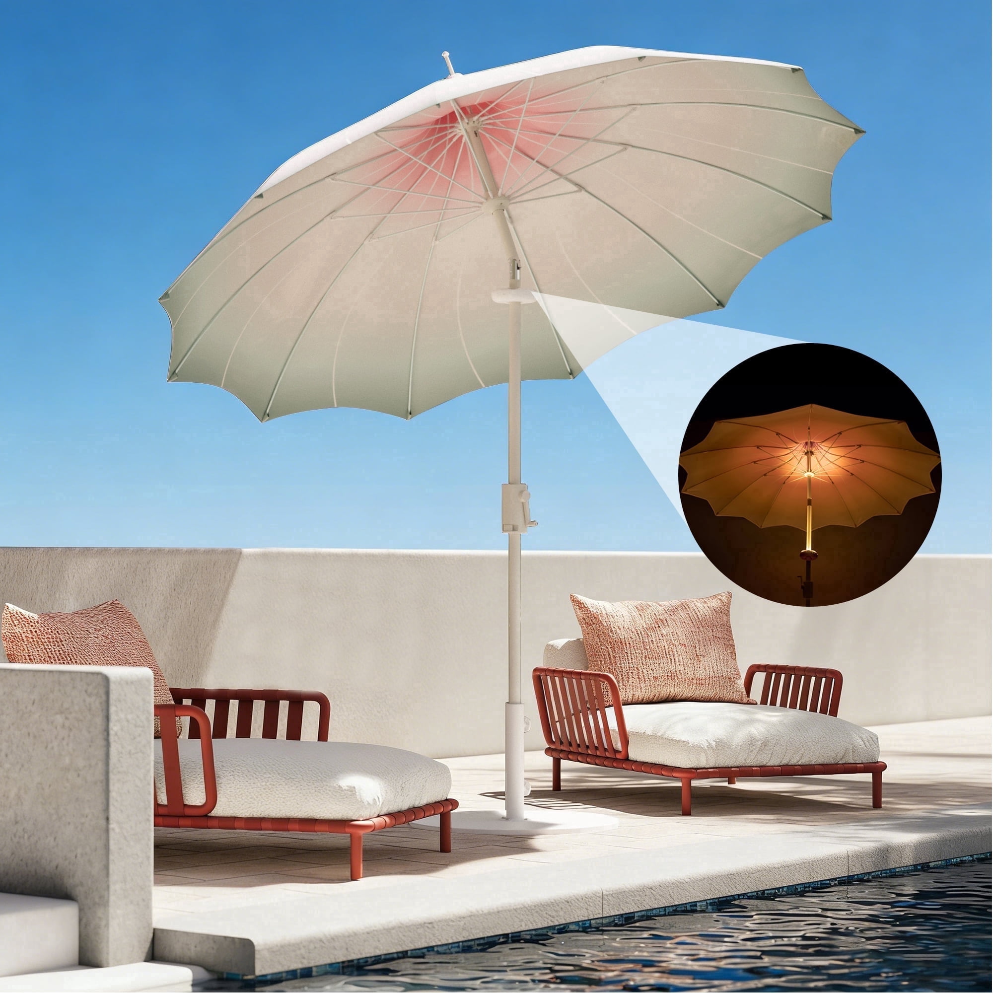 Decksplore 9ft Outdoor Pagoda Patio Umbrella with Lights, Patio Table Market Umbrella with Petal Design Canopy, 360° Rotation, Push-Button Tilt for Deck, Poolside or Garden