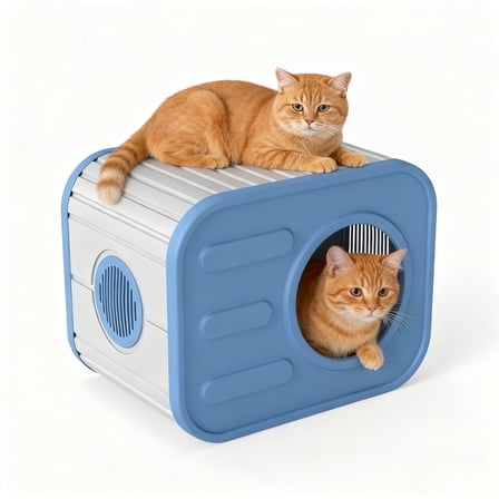 Decksplore Outdoor Cat House Weatherproof (20.8"x14.2"x15.9"), HDPE Feral Cat Shelter for Bedroom, Yard, Patio (Blue)