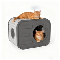 Decksplore Outdoor Cat House Weatherproof (20.8"x14.2"x15.9"), HDPE Feral Cat Shelter for Bedroom, Yard, Patio (Gray)