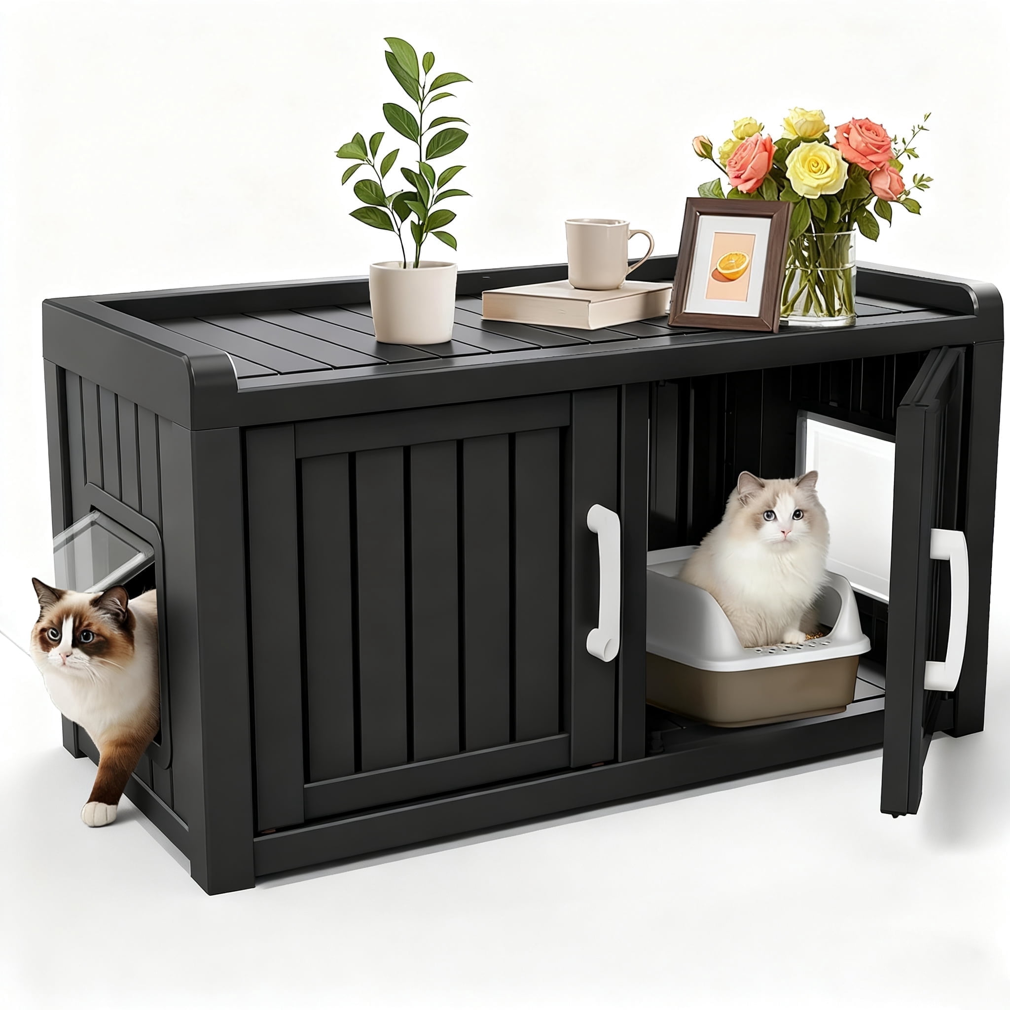 Decksplore Cat Cabinet (31.9"x16.7"x17.8"), HDPE Hidden Cat Litter Furniture, Dual-Door, Litter Box Furniture for Bedroom, Courtyard (Black)