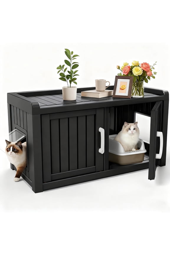 Decksplore Cat Cabinet (31.9"x16.7"x17.8"), HDPE Hidden Cat Litter Furniture, Dual-Door, Litter Box Furniture for Bedroom, Courtyard (Black)