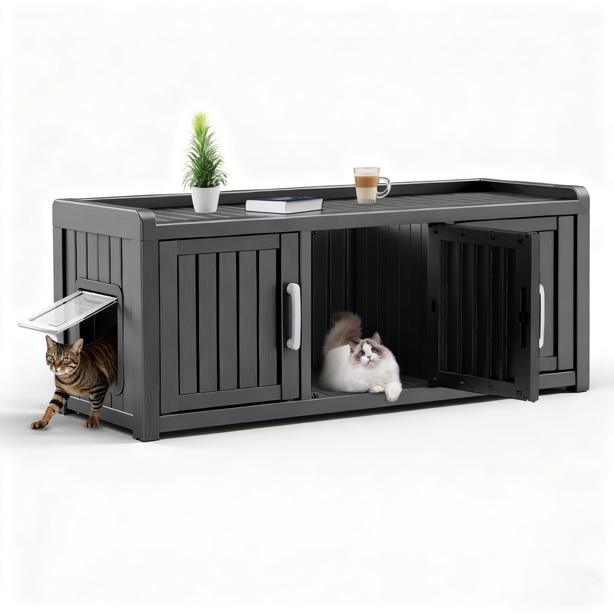 Decksplore Hidden Cat Litter Furniture (46.9"x17.6"x17.8"), HDPE Cat Cabinet, Three-Door, Cat Litter Box Storage for Bedroom, Courtyard (Black)