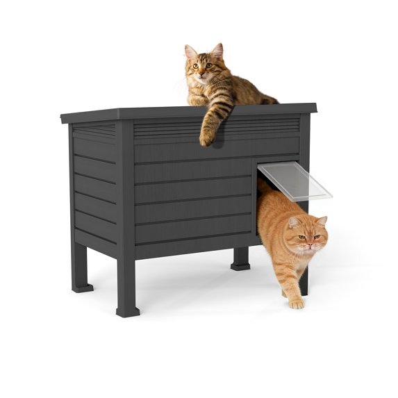 Decksplore Outdoor Cat House, Black HDPE Feral Cat Shelter with Raised Floor, 31 in x 26.7 in x 19 in
