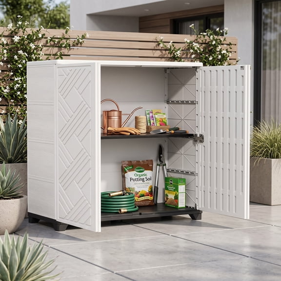 Decksplore Diamond Outdoor Storage Cabinet with 1 Shelf, Weatherproof Resin, White