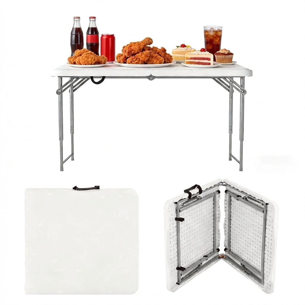 Decksplore Folding Table 4ft - Heavy Duty Fold-in-Half Plastic Table with Adjustable Height, Portable Utility Tables with Steel Legs for Picnic, Camping, Dining, Party