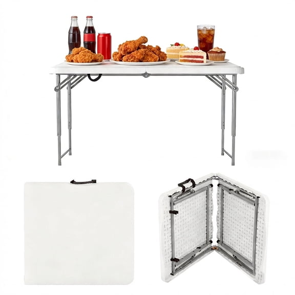 Decksplore Folding Table 4ft - Heavy Duty Fold-in-Half Plastic Table with Adjustable Height, Portable Utility Tables with Steel Legs for Picnic, Camping, Dining, Party