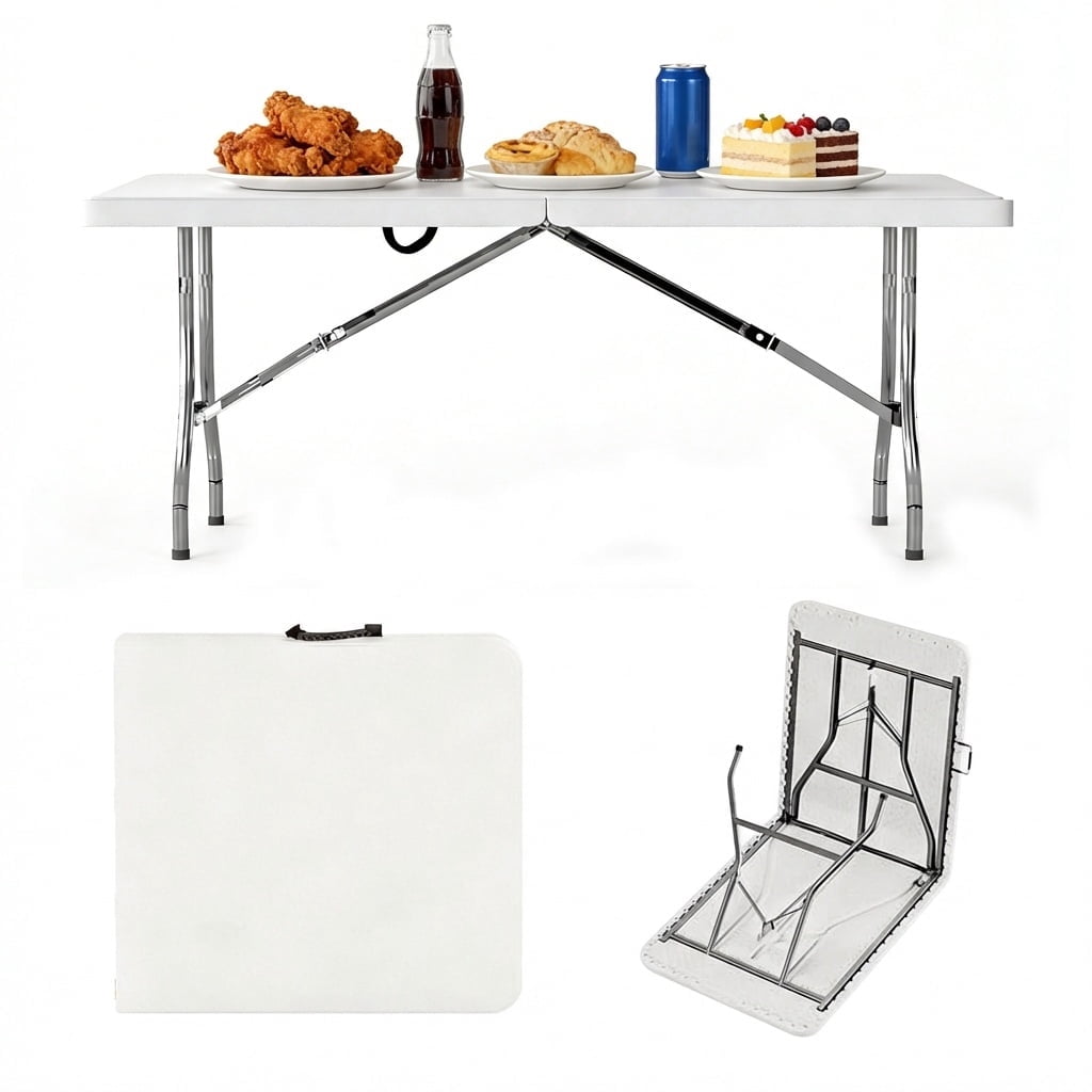 Decksplore Folding Table 6ft - Heavy Duty Plastic Table with Handle, Foldable & Portable, Utility Tables for Dining, Wedding, Events, Picnic, Party