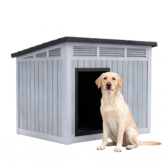 Decksplore Large Dog House (42.9"x33"x32"), Waterproof, HDPE Dog Kennel with Lift-Up Sloping Roof for Courtyard, Living Room, Bedroom (Gray)