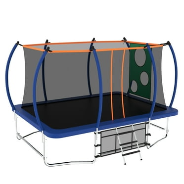 Decksplore Large Rectangle Trampoline for Kids and Adults, Outdoor Trampoline with Stakes, Light, Sprinkler, Soccer Ball, Trampoline with Net, Backyard Trampoline for 3-7 Adults and Kids Blue