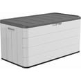thumbnail image 1 of Decksplore 110 Gal Large Resin Deck Box Lockable, Outdoor Garden Storage Box Waterproof, Elegant Storage Bench for Cushions, Garden Tools(White), 1 of 7