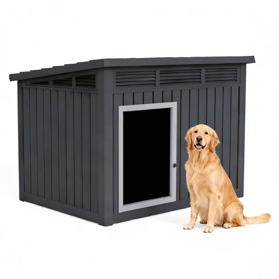 Decksplore Medium Dog House (32.2"x25.1"x24.1"), Waterproof, HDPE Dog Kennel with Lift-Up Sloping Roof for Courtyard, Living Room, Bedroom (Black)