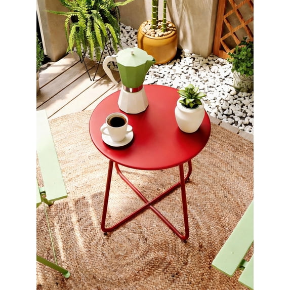 Decksplore Metal Outdoor Patio Side Table, Round Weather Resistant End Table, Dark Red