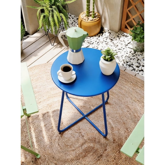 Decksplore Metal Outdoor Patio Side Table, Round Weather Resistant End Table, Peacock Blue