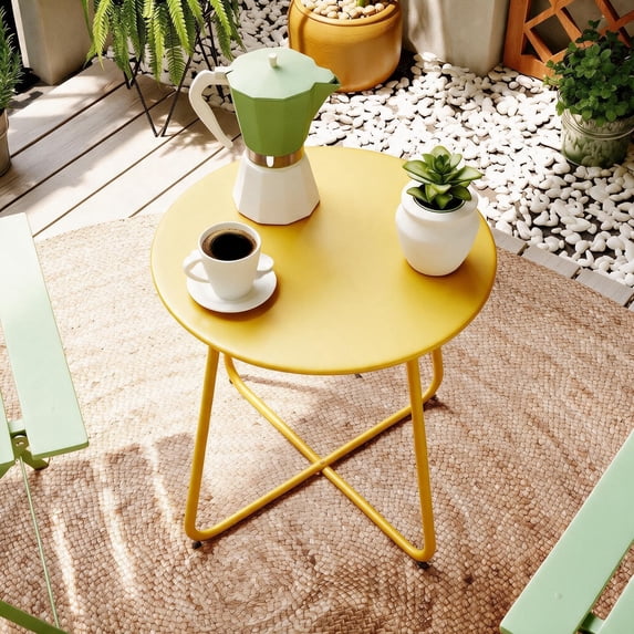 Decksplore Metal Outdoor Patio Side Table, Round Weather Resistant End Table, Yellow