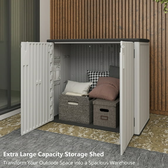 Decksplore Outdoor Horizontal Storage Sheds,37 Cu.ft Outdoor Storage Cabinet Waterproof Resin Tool Storage Box for Lawn Mower,Garden Tools and Patio Furniture, Lockable (Gray)
