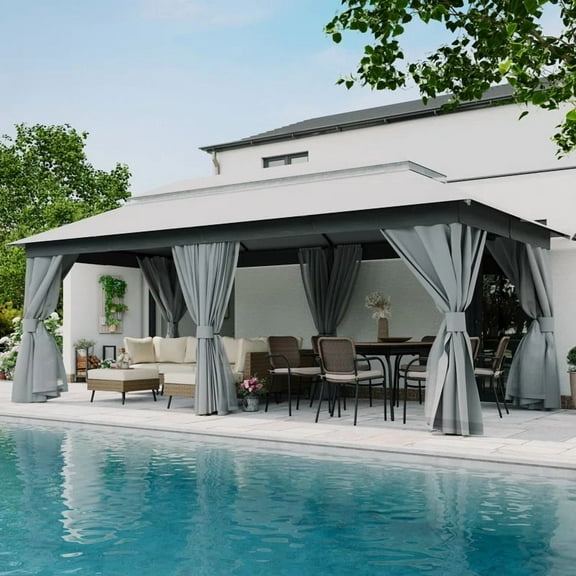 Decksplore Outdoor Patio Gazebo 19.7 x 9.8ft, Double Roof Canopy Gazebo with Mosquito Nettings and Privacy Curtains, Outdoor Gazebo for Backyard, Deck, Garden, Lawn (Gray)