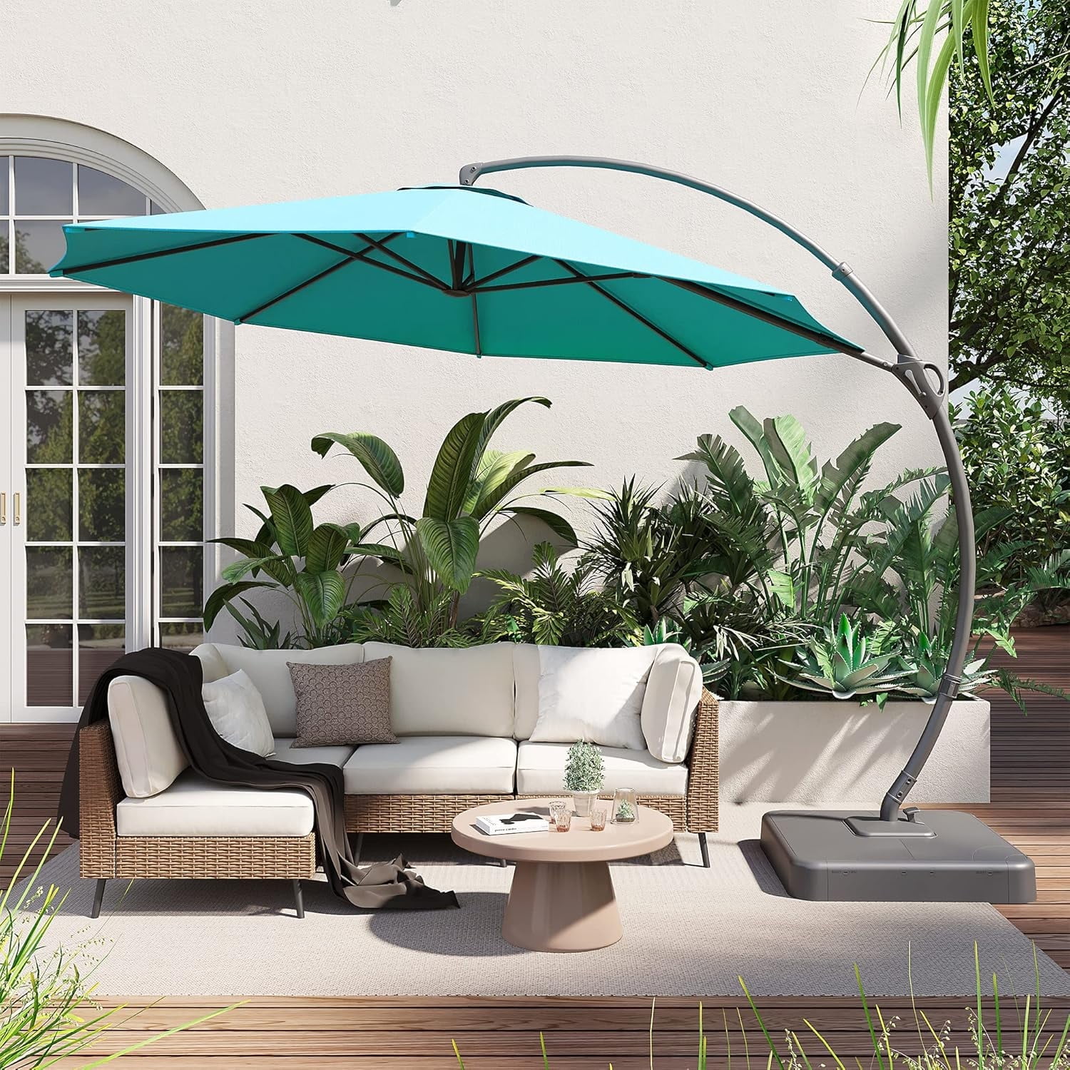 Decksplore Outdoor Patio Umbrella,Curvy Cantilever Umbrella Heavy Duty Offset Hanging Umbrella with 360° Rotation for Garden, Pool(Blue, 11FT)
