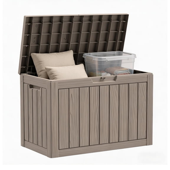 Decksplore Outdoor Storage Box, 55 Gallon Waterproof Deck Box, Lockable Patio Storage Box for Outdoor Cushion Storage, Light Brown