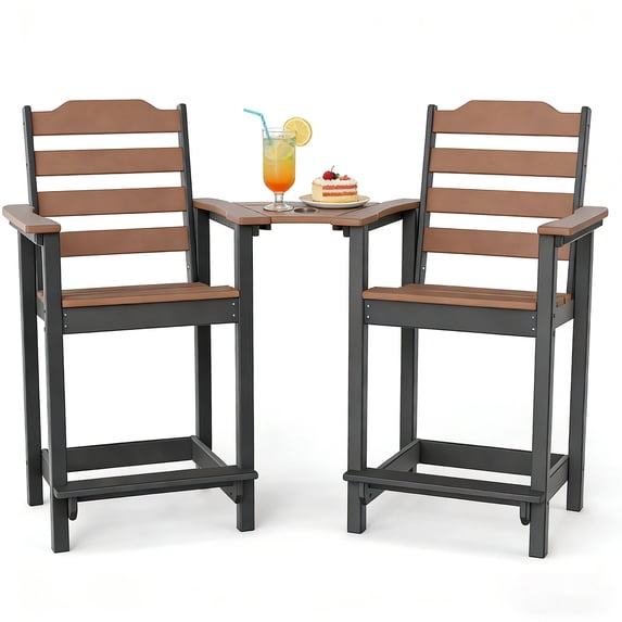 Decksplore HDPE Tall Adirondack Chairs Set of 2 with Detachable Connecting Tray, Bar Height Outdoor Chairs, for Patio, Balcony, Black Brown