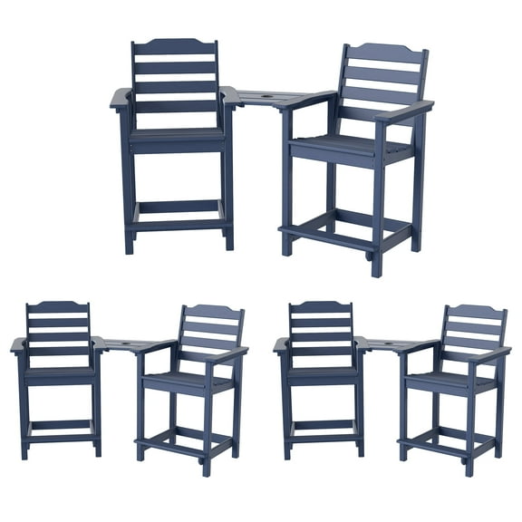Decksplore HDPE Tall Adirondack Chairs Set of 6 with Detachable Connecting Tray, Bar Height Outdoor Chairs, for Patio, Balcony, Navy blue