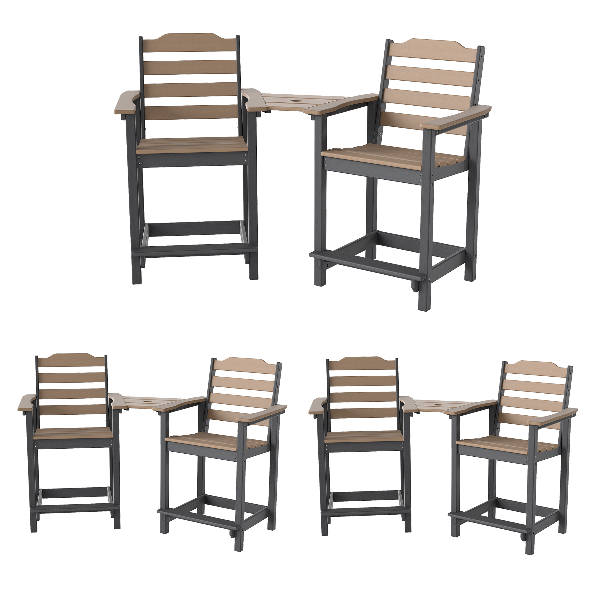 Decksplore Tall Adirondack Chairs Set of 6 with Detachable Connecting Tray, HDPE Bar Height Outdoor Chairs, Wood-Like Adirondack Bar Stools for Patio, Balcony, Porch, Black brown