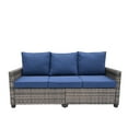 thumbnail image 1 of Decksplore All Weather Wicker Patio Couch, 3 Seats Patio Sofa with High Curvy Back, Premium Outdoor Sofa with Brown Wicker and Thick Cushions for Garden, Backyard, Porch Navy Blue, 1 of 16