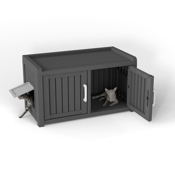 Decksplore Weatherproof Cat Litter Box Enclosure, Multi-Functional Double Door Cat Cabinet, Hidden Litter Box Furniture for Indoor/Outdoor Use, Black, 31.9”L x 16.4”W x 17.9”H