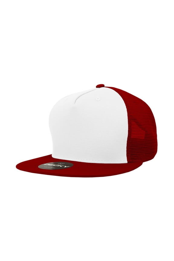 1040 5 Panel High Profile Structured Cotton Blend Trucker-White/Cardinal