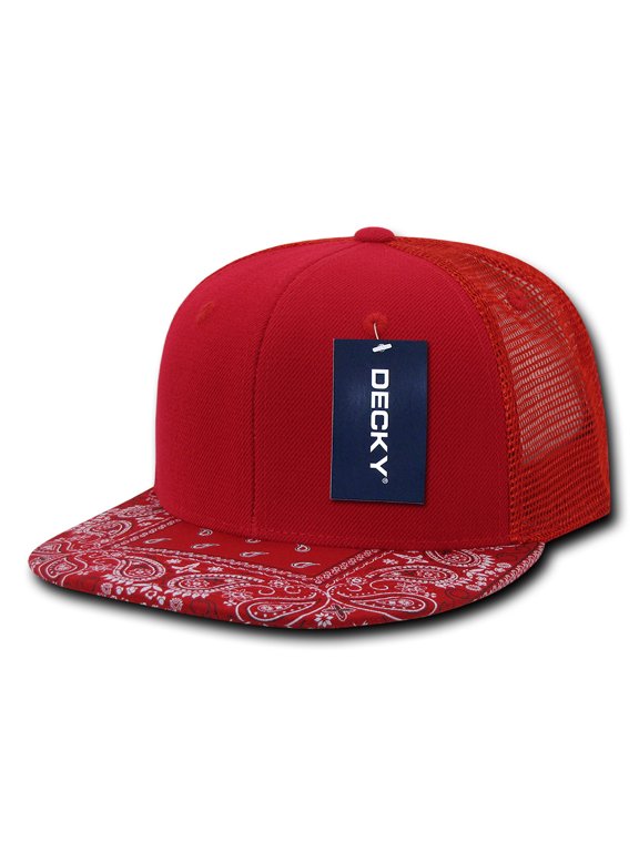 1083 6 Panel High Profile Structured Bandanna Bill Trucker Hat-Red/Red