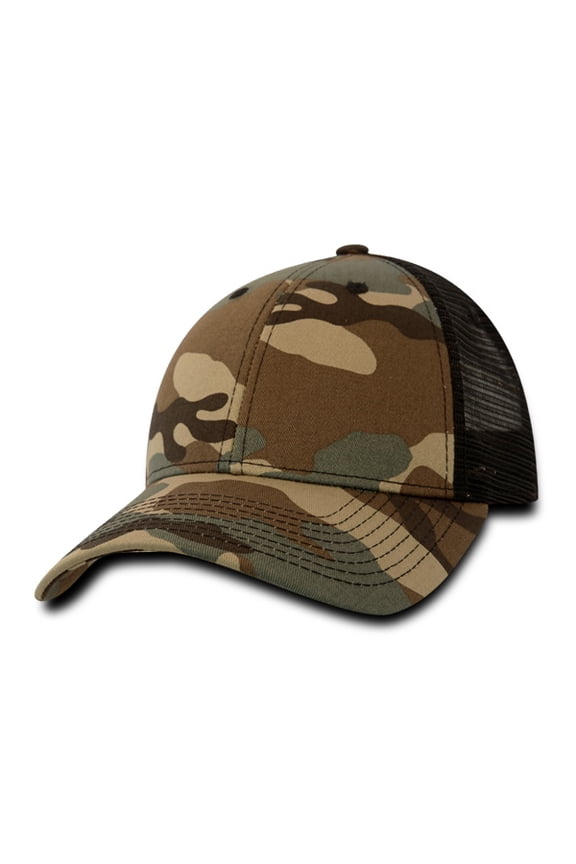 218 6 Panel Low Profile Structured Camo Trucker Hat-Woodland/Black