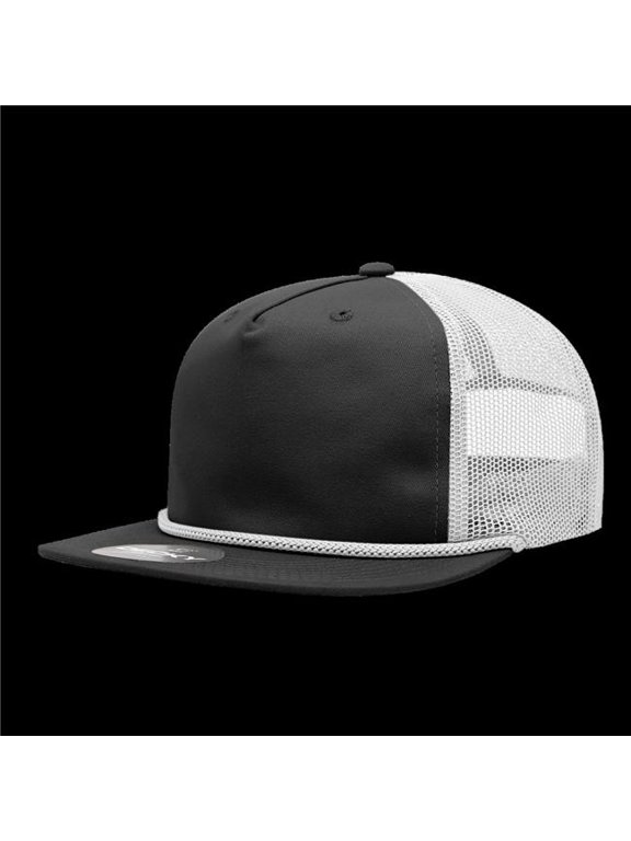 6041-4BLKWHT 5 Panel High Profile Relaxed Cotton Blend Trucker with Rope - Black & White