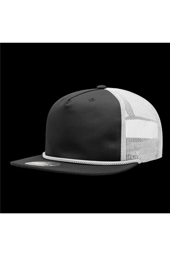 6041-4BLKWHT 5 Panel High Profile Relaxed Cotton Blend Trucker with Rope - Black & White
