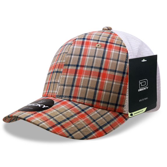 Decky 6017 6 Panel Mid Profile Structured Plaid Trucker Hat-102/White