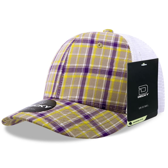 Decky 6017 6 Panel Mid Profile Structured Plaid Trucker Hat-111/White