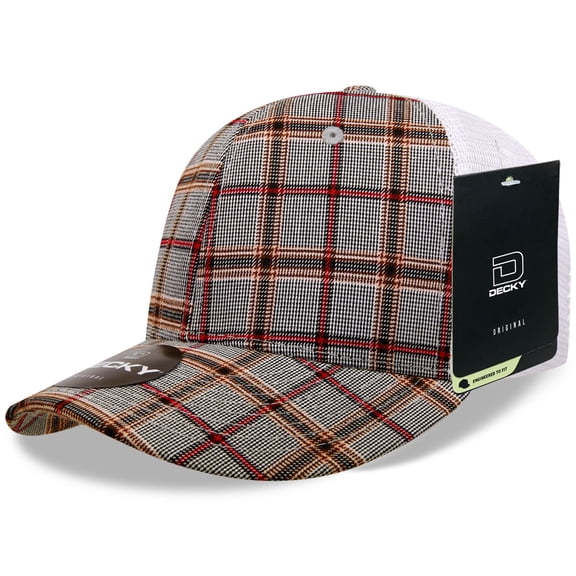 Decky 6017 6 Panel Mid Profile Structured Plaid Trucker Hat-161/White