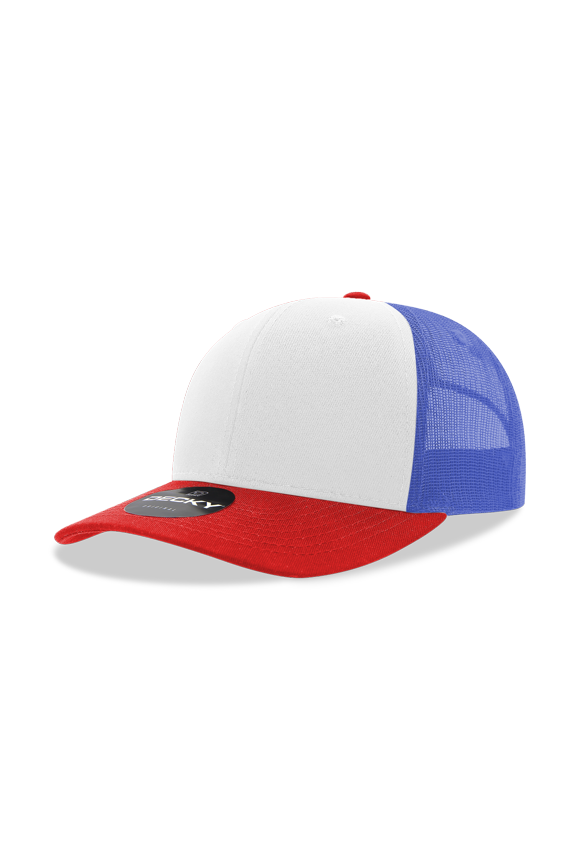 6021 Mid Profile 6 Panel Poly Cotton Trucker Cap - Red White Royal