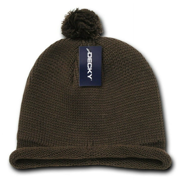 Decky 611A Solid Roll Up Beanies w/ Pom Pom-Brown