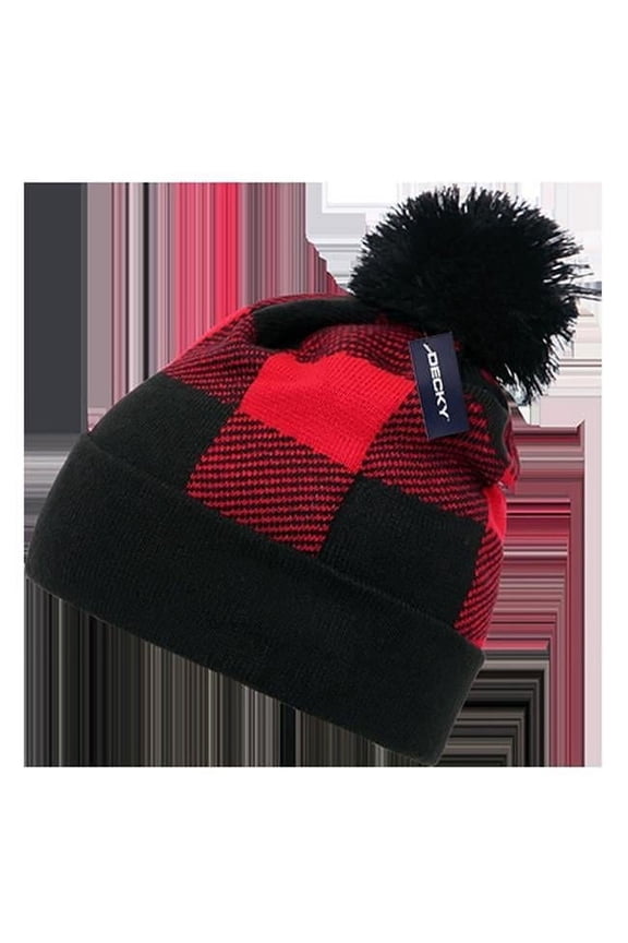 Decky Beanies 8028-RED Pom Plaid Beanie - Red