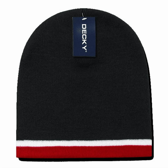 Decky Double Striped Three 3 Tone Beanies Knitted Ski Skull Winter Caps Hats
