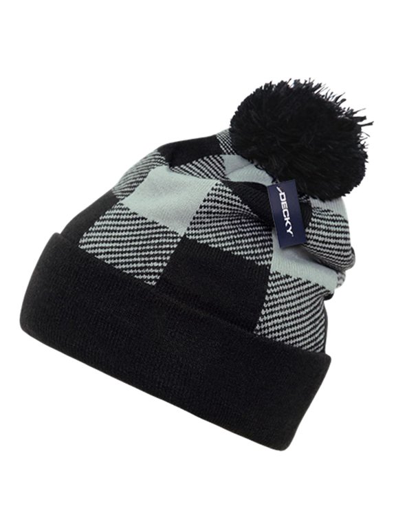 Pom Plaid Beanie Black
